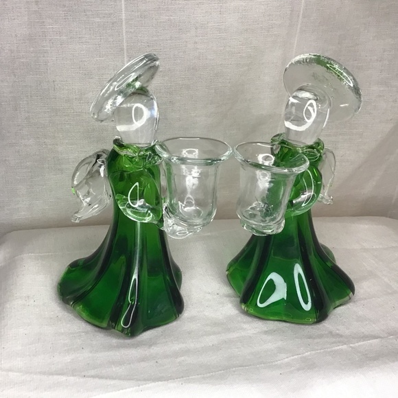 Lovely Vintage Pair of Angels Art Glass Green & Clear Candle Holder. - Picture 1 of 7